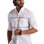 Stylish White Hunting Shirt with Blue Strip | Premium Men's Sportswear | Classic Outdoor Design | Comfortable Cotton Fabric | Size 36-44